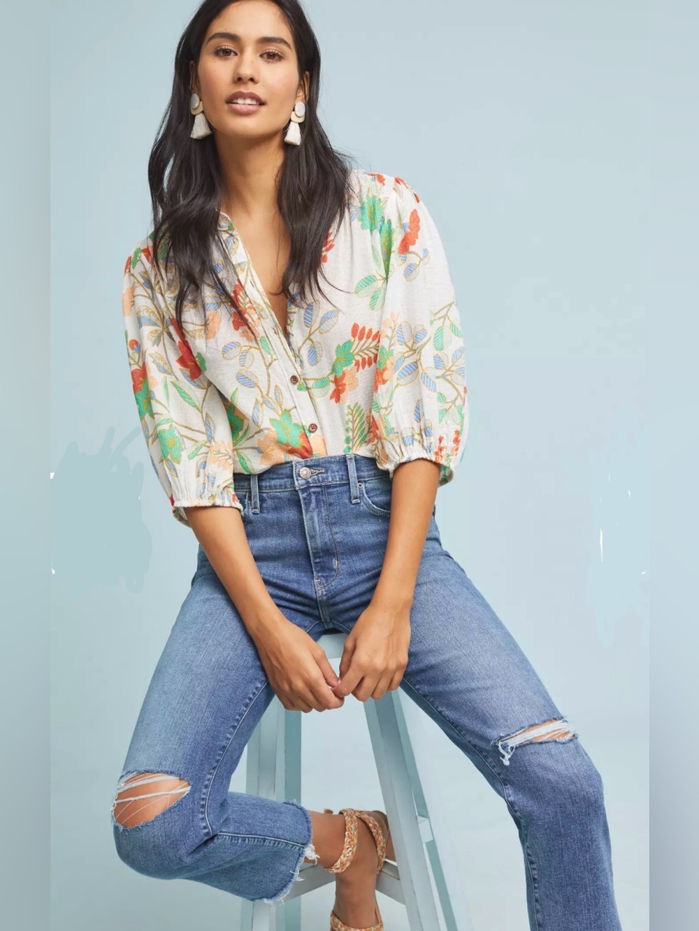 Maeve by Anthropologie Kalapana floral shirt, ivory & botanical print, size 10